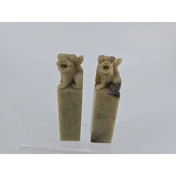 Vtg 1960s Pair of Chinese Soapstone Foo Dog Hand Carved Chop Seal 4in Statues